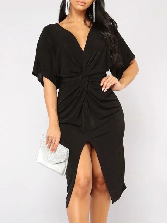 Fashion Nova Full Grown Twist-Front Bat Wing Midi Dress w Front Slit, Black, XL - Picture 1 of 10
